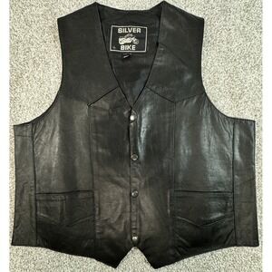 Silver Bike Mens Black Leather Vest Snap Front Biker Western Size Large